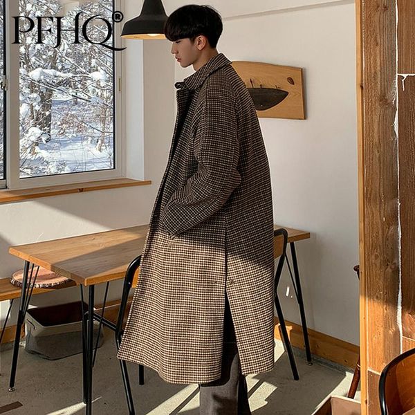 

men's wool & blends pfhq 2021 men fashion loose lapel retro plaid korean mid-length over the knee woolen coat autumn and winter 21d8794, Black