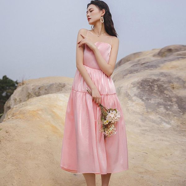 

casual dresses high end party pink dress women spaghetti strap satin french sling spring summer back tie temperament banquet female, Black;gray