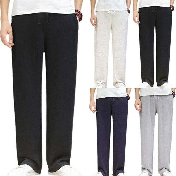 

men's pants men drawstring long casual wide leg beach summer lounge trousers plus size, Black