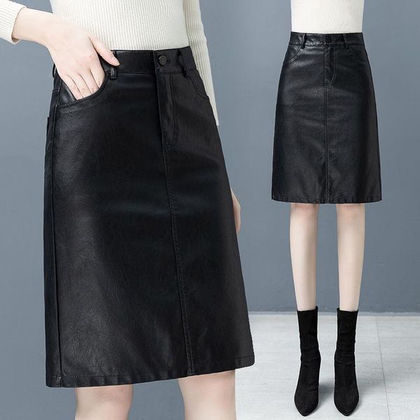 

skirts 2021 women autumn winter elegant pu leather lady high waist a-line mid-long skirt female button slim casual falda f65, Black