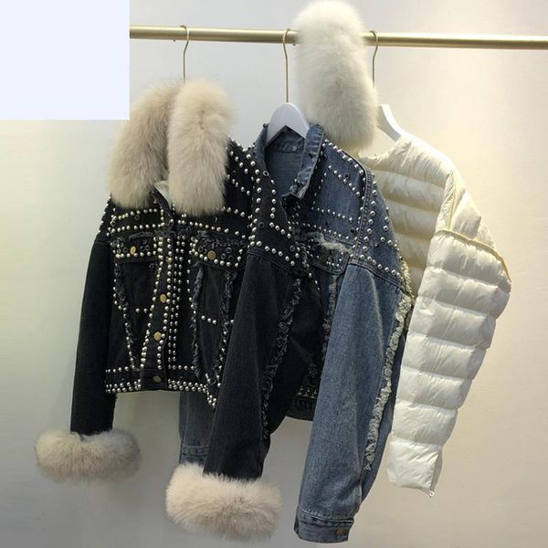 

women's down & parkas jacket women winter 90% white duck coat detachable feather liner natural fur collar female s rivet denim, Black