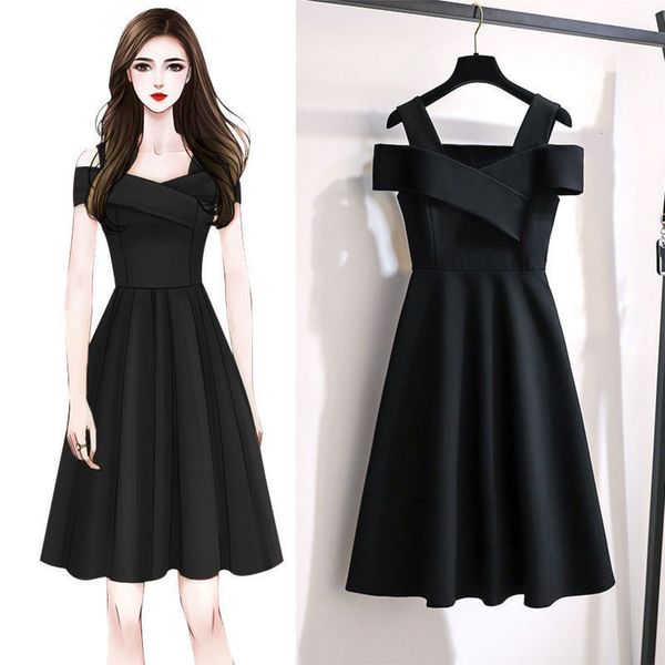 

casual dresses dress women clothes off one shoulder summer hepburn small waist drawstring skirt cqn1, Black;gray