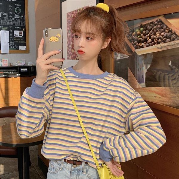 

women's hoodies & sweatshirts korean style casual full pullovers o-neck spring and autumn striped trend clothing fashion high quality, Black
