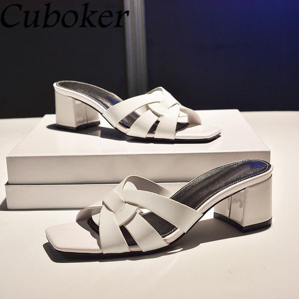 

slippers brand runway slipper women thick heel leather slides cross woven flip flops summer vacation beach for mujer, Black