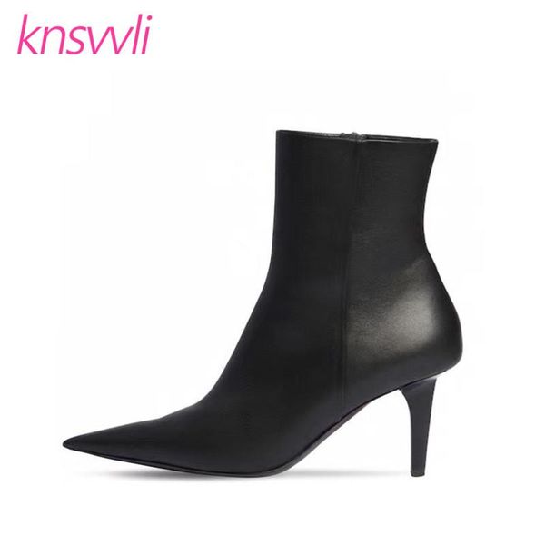 

boots high heels ankle for women genuine leather short woman botas de mujer designer runway party winter shoes, Black