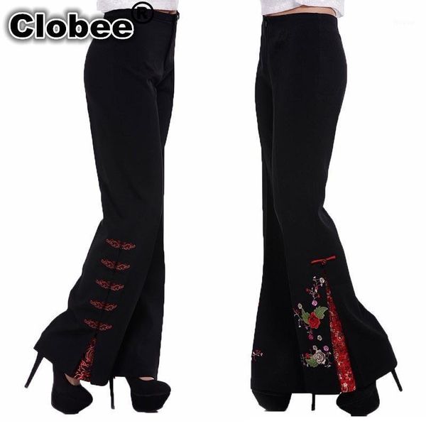 

women's pants & capris spring autumn style plus size 5xl tall waist embroidered costume split micro speaker chinese trousers women, Black;white