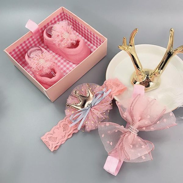 

2/3 pcs/set cute baby girl headbands socks set flower bows crown born headband girls hairband turban hair accessories, Slivery;white