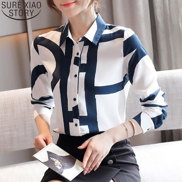 

chiffon shirts women korean loose long sleeve 2021 autumn fashion office lady cardigan print blouses blusas 10789 women's &, White