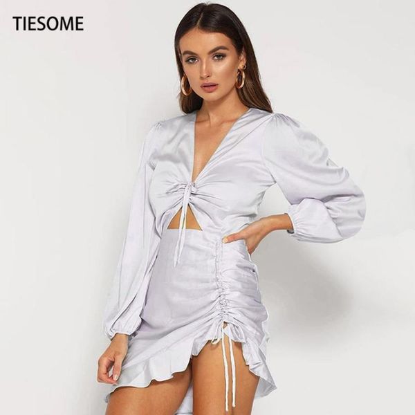 

casual dresses tiesome dress women 2021 elegant drawstring exposed navel side split v-neck long puff sleeve office lady mini spring, Black;gray