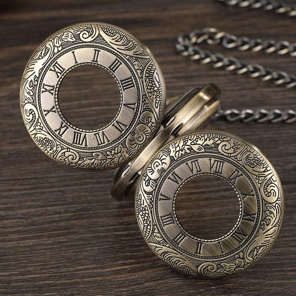 

pocket watches retro exquisite carving dial watch mens double-sided open hollow skeleton steampunk bronze mechanical chain, Slivery;golden