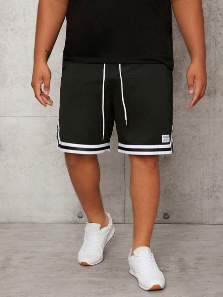 

extended sizes men letter patch detail striped trim drawstring waist shorts p1pk#, Black