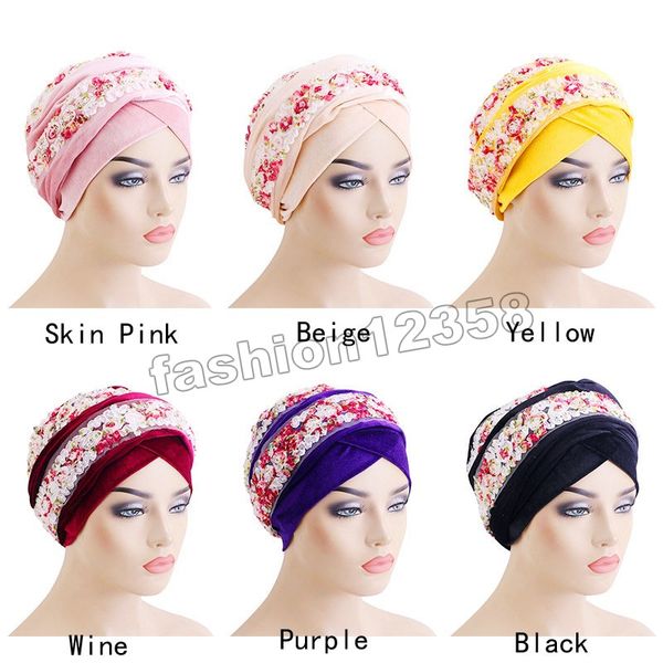 Flor 3D longa malha de veludo turbante cabeça envoltório nigeriano elegante tampão lenço mulheres África Hijab Ladies Turbante cabeça envoltório moda