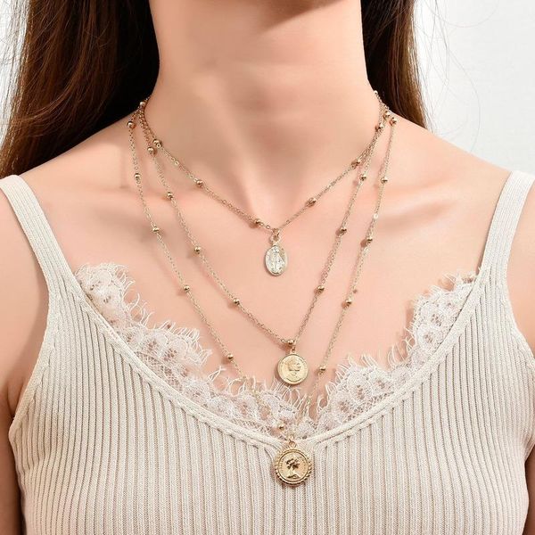 

chains portrait necklace woman coin women necklaces bohemia multilayer pendant charms chain party gold color korean alloy naszyjnik, Silver