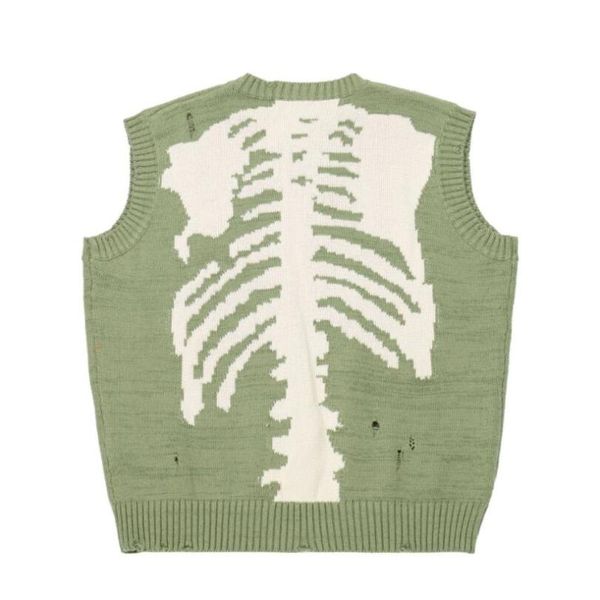 

men's vests sleeveless pullover green loose skeleton bone printing sweater men high street hole hip hop skulls streetwear knitted, Black;white
