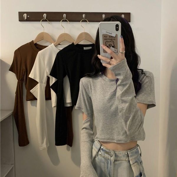 Frauen T-Shirt Mädchen Shirt Kurze Obere Pullover Top Kleidung Mode 2021 Herbst Koreanischen Stil Nische Langarm Cut Out Tops
