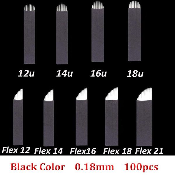 

tattoo needles 100pcs lamina tebori flex microblading 12/14/16/18 u shape 0.18mm for permanente makeup eyebrow blades manual pen