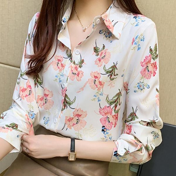 

women's blouses & shirts long sleeve print chiffon blouse shirt turn down collar office women blusas mujer de moda 2021 clothing, White