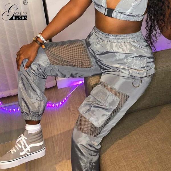 

women's pants & capris gold hands glossy nets big pocket casual harem women 2021 high waist patchwork full length trousers silver summe, Black;white