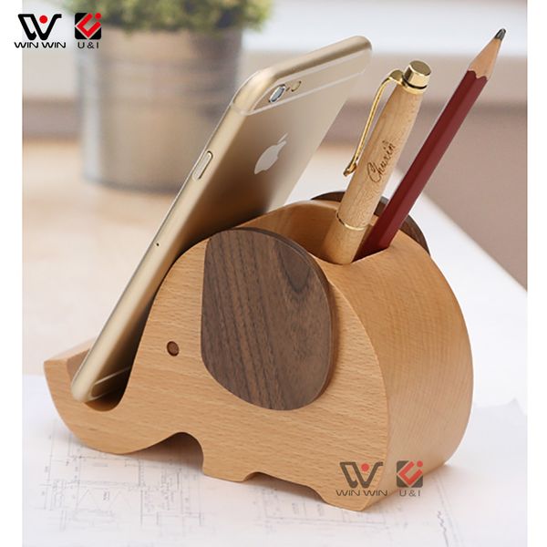 2021 Creatività Base Accessori in legno Supporto per telefono Cartoon Elephant Bamboo Pratico Mobile Desktop Staffa Portatile Supporto per cella Penna Penna Penna Penna