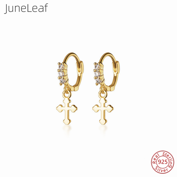 

juneleaf hanging cross stud earrings for women round crystal zircon real 925 sterling silver punk ethnic party jewelry gift, Golden;silver