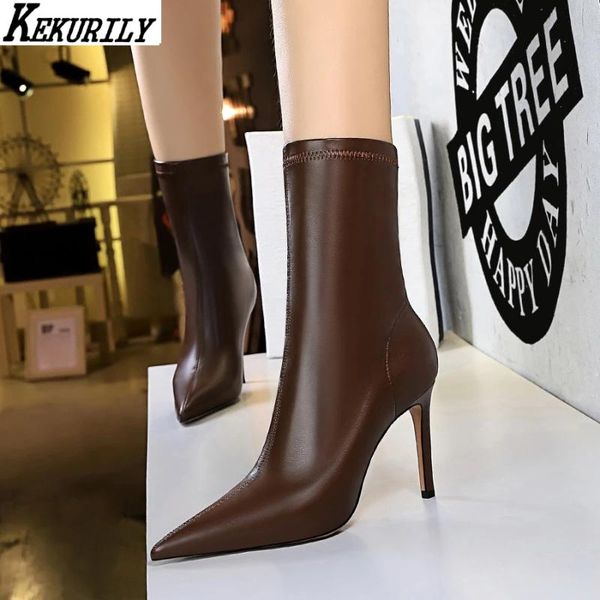 

boots 2021 pu leather socks women high heels shoes pointed toe mid-calf boot fashion pump winter zapatos mujer brown black