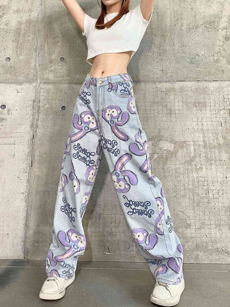 

women's jeans cartoon printed high waist wide leg jeans women's straight tube loose plus size slim pants women yh6f, Blue