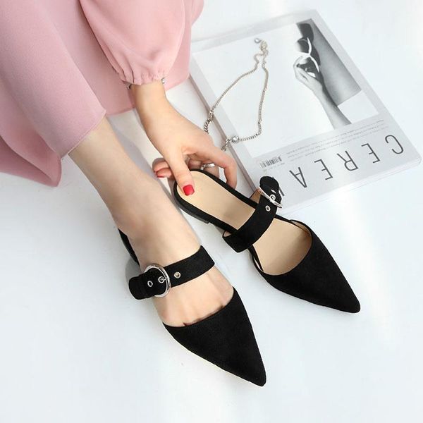 

slippers 2021 pointed toe half female summer wear fashion sandals flat bottom no heel lazy shoes1, Black