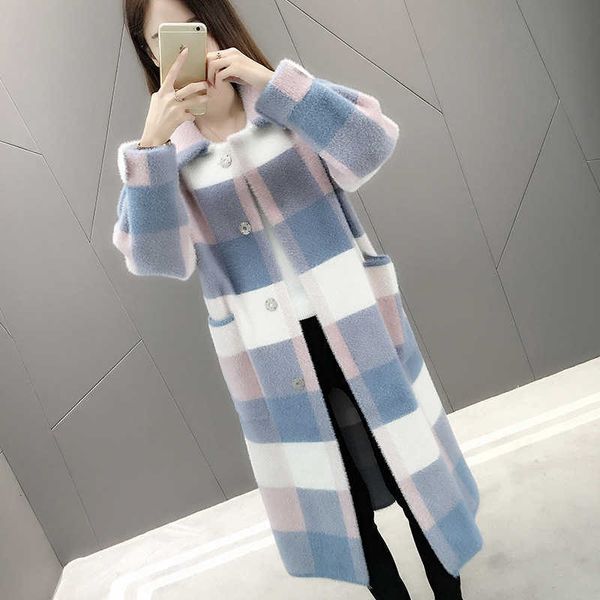 

women long knitted faux mink fur coat plaid cardigan jacket t191209, Black