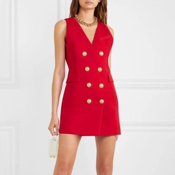 

[deat] low cut lapel double row buckle temperament double breasted high waist long buttock small suit dress summer gx1066 210428, Black;gray