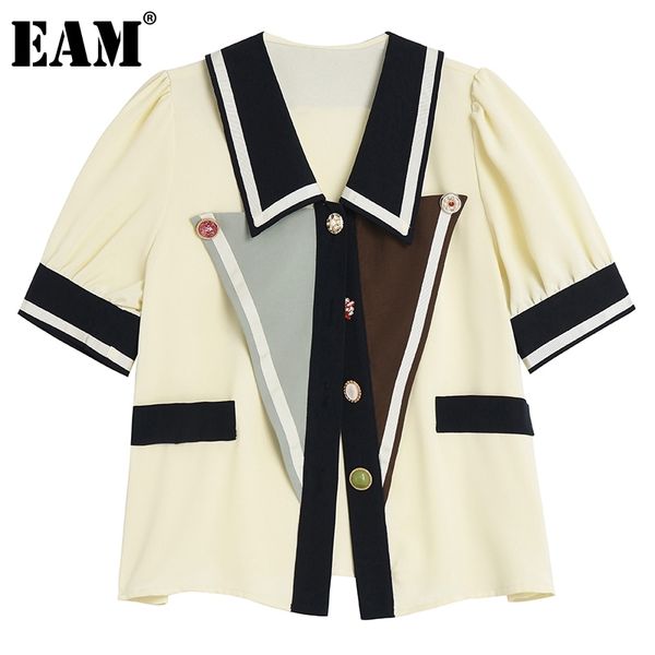 

[eam] women contrast color spliced blouse lapel puff half sleeve loose fit shirt fashion spring summer 1dd8487 21512, White