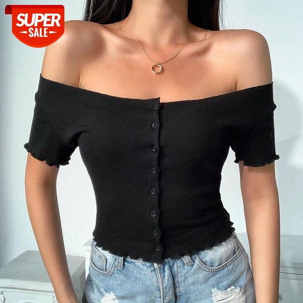 

[in stock]summer solid color short-sleeved women 23181p shoulder button t-shirt #0q9o, White