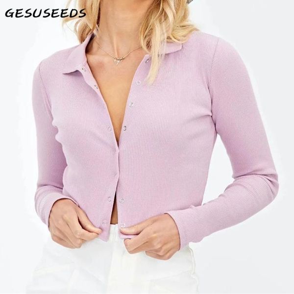 

women's blouses & shirts 2021 vintage blouse women long sleeve crop elegant button up shirt turn down collar ribbed blue purple cardig, White