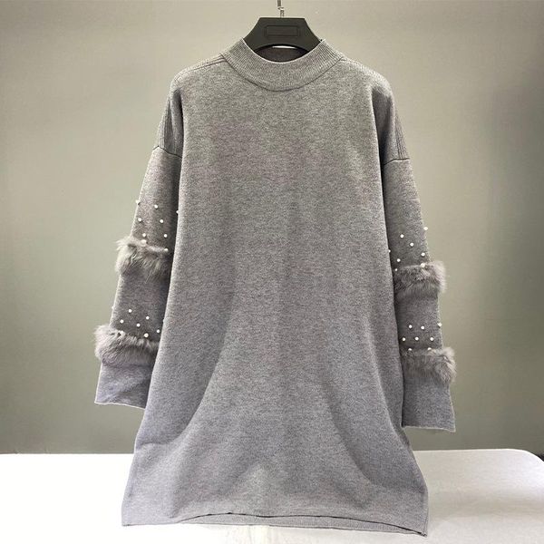 

women's solid o neck loose sweater with real fur long sleeve ripped jumper pullover knitted dress sweaters, White;black