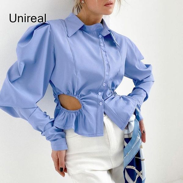 

women's blouses & shirts unireal 2021 summer women blue blouse shirt long sleeve hollow out streetwear female, White