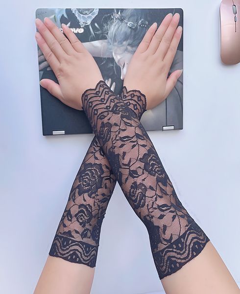

black women long sunscreen gloves lace floral outdoor arm sleeves driving glove 211744, Blue;gray