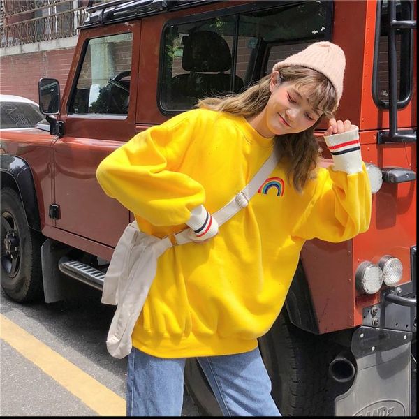 

korean version of the women sweaters solid color rainbow print sweater harajuku loose long section plus cotton thick quality fashion, White;black