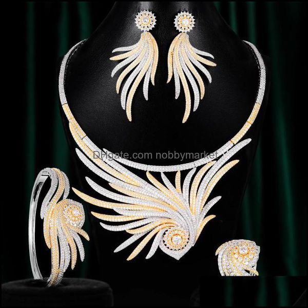 Orecchini Collana Set di gioielli Godki Lucky Eye 4 pezzi Piuma nigeriana Set per le donne Matrimonio Festa per la promessa di matrimonio Cubic Zircon Dubai Bridal Drop