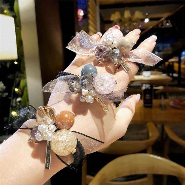 

hair accessories girls flower crystal ball ties chic scrunchy candy color gum ponytail holder female elastic hairband