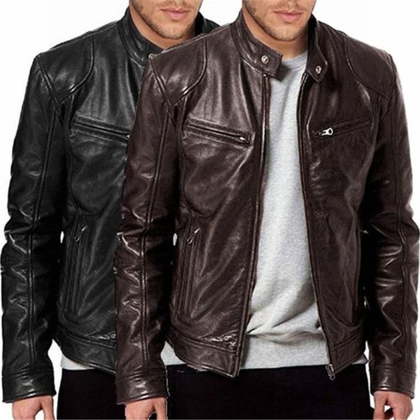 

men's jackets men vintage cool jacket leather long sleeve autumn winter stand collar club coat motorcycle punk bomber faux outw, Black;brown
