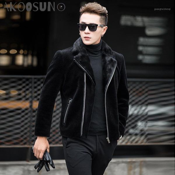 

men's leather & faux akoosun natural sheep shearling fur coat winter jacket 100%wool real mink collar men short warm gy8708 my759, Black