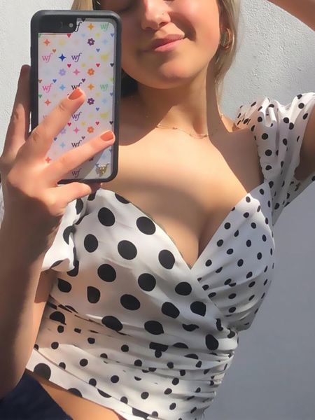 

polka dot print irregular shorts lantern sleeve crop summer woman clothes streetwear outfits cross wrap t-shirts women's t-shirt, White