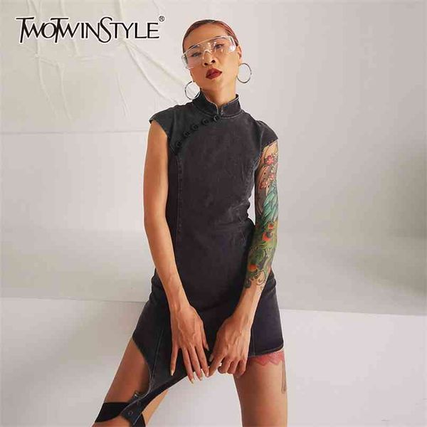 

asymmetrical denim summer dress stand collar short sleeve high waist irregular hem mini dresses female fashion 210520, Black;gray