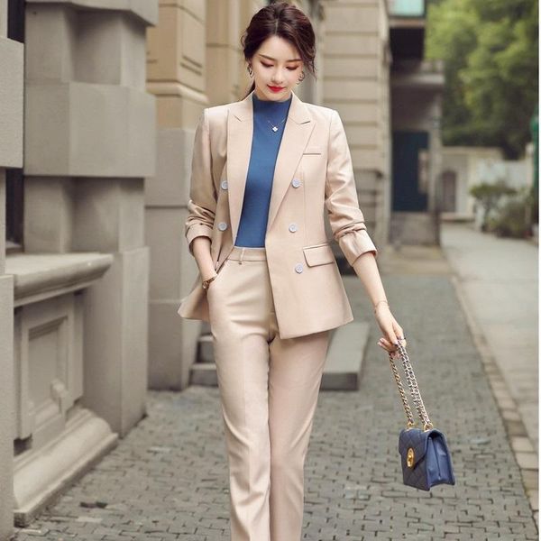 

women's two piece pants 2021 fashion styles double breasted autumn formal suits with pencil and jackets coat for women business work we, White