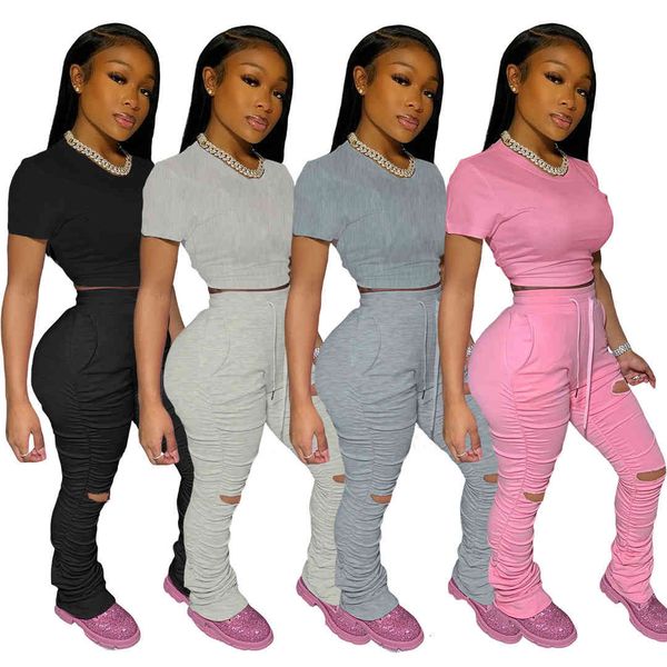 

women's tracksuits summer two piece set ruched pleated stacked pants women tracksuit matching sets hollow out skinny bodycon club, Gray