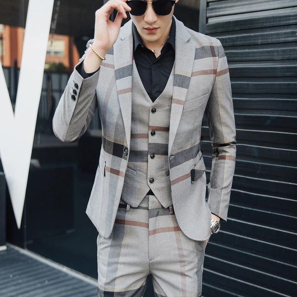 

men's suits & blazers plaid wedding suit fashion check woollen mens prom banquet men slim fit double breasted blazer vest pant grey blu, White;black