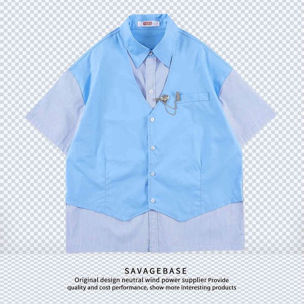 

fake two short sleeve shirts 2021 new national fashion men's summer hong kong style stitching striped shirt men's coat, White;black