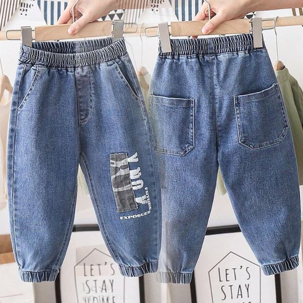 

fashion boys pants blue patch jeans leisure sports spring autumn style clothes student teens kids comfort long stretch trousers
