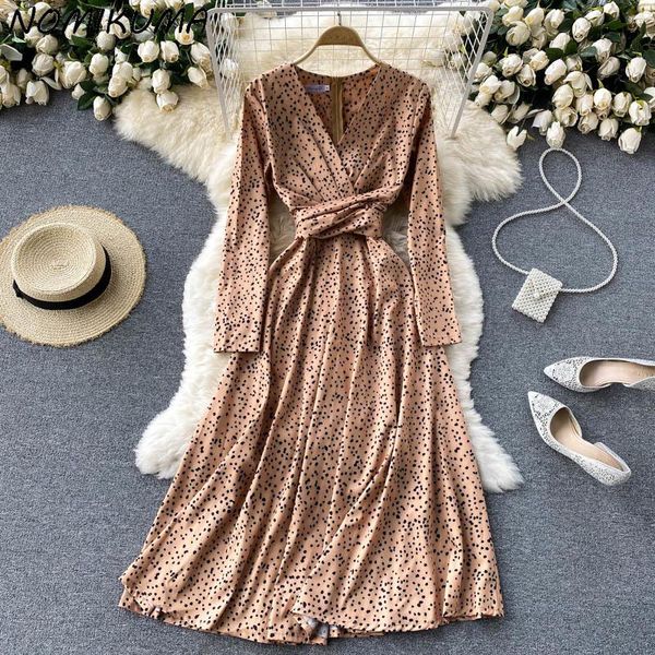 

casual dresses nomikuma elegant dot bow bandage slim waist women long sleeve v-neck dress summer 2021 korean vestidos femme 6k377, Black;gray