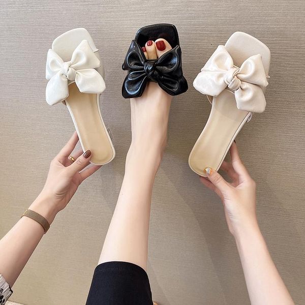 

slippers sweet bow slipper for women summer fashion with transparent sandals comfortable mid-heel slides flip flops 42, Black