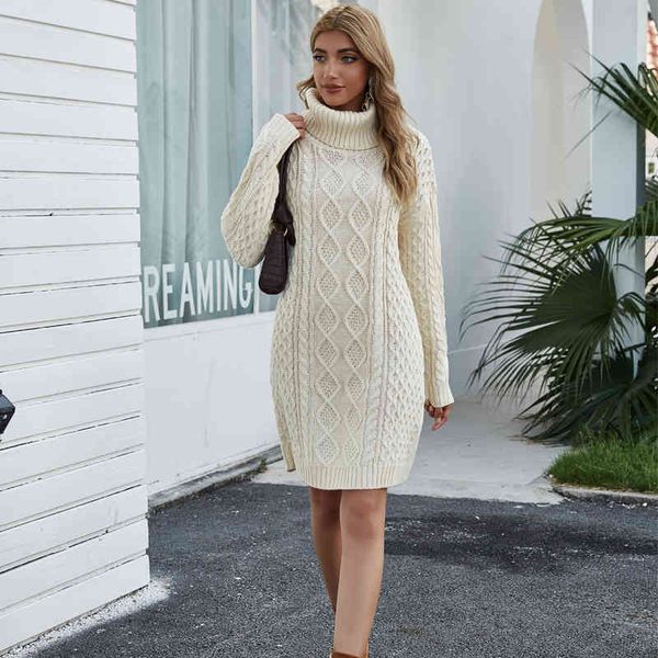 

women elegant turtlenecl sweater dress solid long sleeve twist knitted mini dress female loose flexible casual dress autumn 210412, Black;gray
